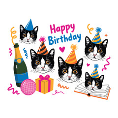 Happy birthday halftone art collage set with funny stickers, vintage dotted texture, doodles, cats in party hats, champagne, cake, and cheers — modern retro mixed media vector illustration.