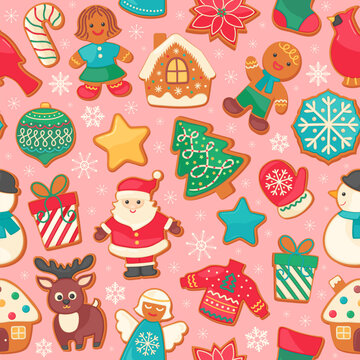 Cute Christmas sugar cookie seamless pattern on pink background. Gingerbread house, man, santa claus holiday sweet food cartoon repeat design. Festive vector illustration for wrapping paper or fabric.