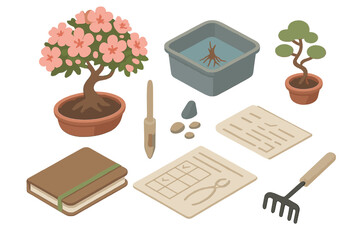 Bonsai Gardening Essentials. Isometric vector illustration set of Bonsai gardening: flowering azalea bonsai, root wash bucket,