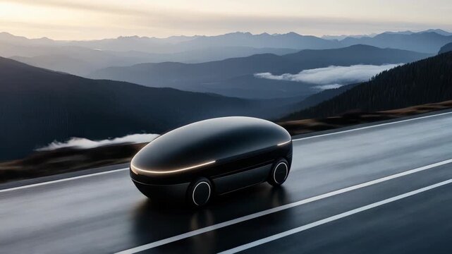 An innovative electric vehicle moves smoothly along a winding mountain road, surrounded by stunning views at dusk