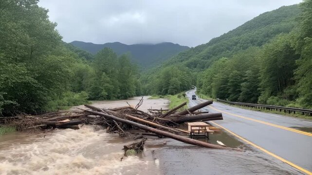 After a heavy rainstorm, the road is covered with fallen trees and fast-moving water, making travel impossible in the mountainous terrain