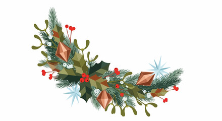 A festive illustration depicts a Christmas wreath with vibrant green foliage, red berries, and sparkling decorative accents, perfect for holiday designs.