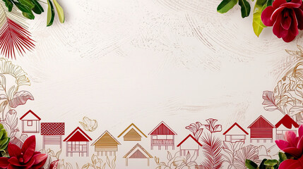 Tropical village houses with floral frame and serene neutral background