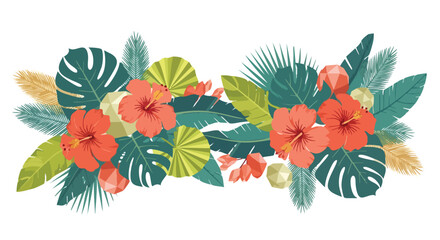 A vibrant illustration showcases tropical hibiscus flowers, lush green leaves, and decorative elements, perfect for summer designs and artistic projects.