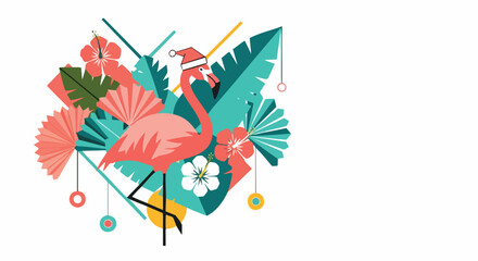 A festive illustration depicts a flamingo adorned in a Santa hat, surrounded by tropical foliage, creating a unique holiday design.