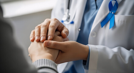 Compassionate doctor holds patient's hand, offering comfort and hope with a blue awareness ribbon displayed