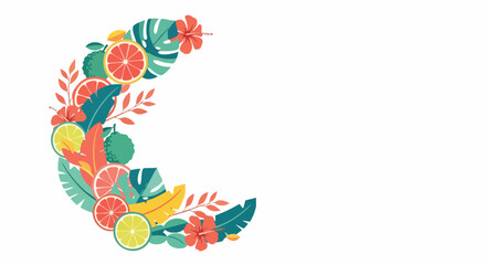 A vibrant, colorful illustration showcasing a crescent moon shape created with tropical fruits, leaves, and flowers, perfect for summer designs.