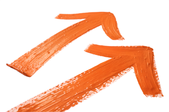 Vibrant orange paint arrows pointing up and forward with expressive brushstrokes