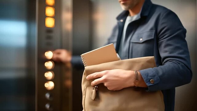 Faceless side angle of hands placing a neutral notebook into a messenger bag elevator indicators defocused behind warm tungsten accents ample top margin faceless packing