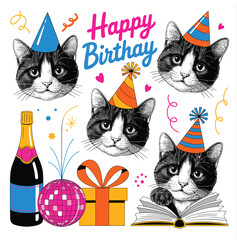 Birthday sticker set featuring halftone textures, retro doodle elements, cats celebrating with hats, cake, and champagne — perfect for greeting cards, posters, and party-themed digital designs.