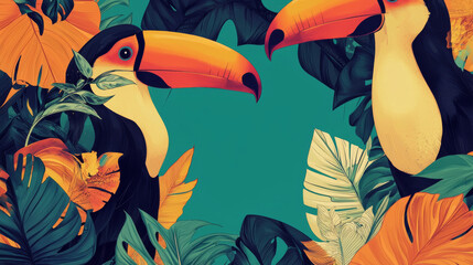Obraz premium Tropical toucan with large orange beak among lush green leaves, vibrant and lively