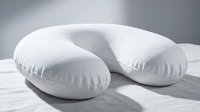 Studio Shot of a White Travel Pillow on a Textured White Sheet and Backdrop