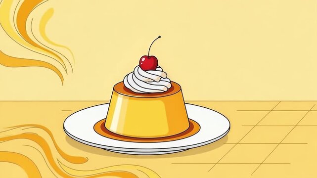 An appealing 2D animated illustration features a perfectly formed golden custard dessert, topped with a generous swirl of fluffy white whipped cream and a vibrant red cherry. The sweet treat rests ele
