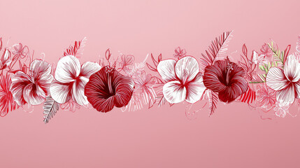 Tropical hibiscus flower garland, pink floral border, red blossom, summer vibe