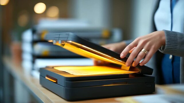 Faceless side view of a person scanning documents on a compact flatbed scanner LED edge glow shelving and files defocused composition leaving upper right empty faceless