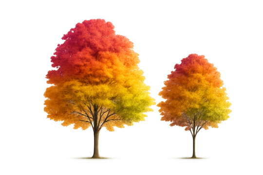 autumn tree isolated - Two deciduous trees with vibrant autumn foliage—red to green gradient canopies on transparent background