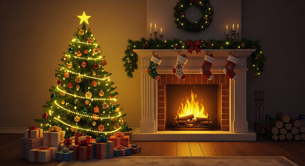 Cozy Christmas Eve by the Fireplace with Decorated Tree and Presents, Holiday Cheer, Warm Festive Mood, Perfect for Family Celebrations and Winter Greetings