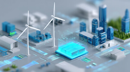 New energy wind power storage placed on a circuit board - a futuristic illustration