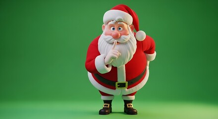 Cartoon Santa Claus Character Wearing Red Suit and White Beard Holding Finger to Lip on Green Background