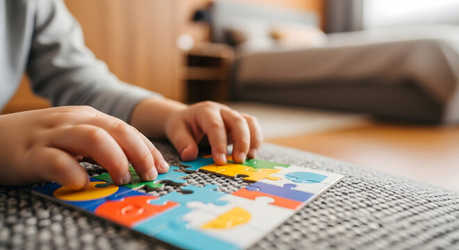 Kids bedroom playing a colorful puzzle, a fun activity in a comfortable setting