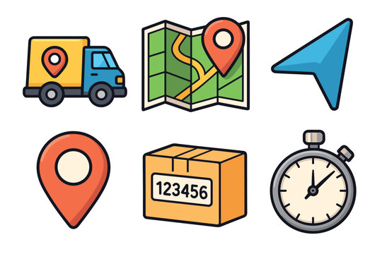 Delivery logistics icons for efficient navigation and tracking. Set of 6 vector illustration