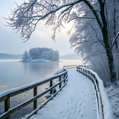Winter nature landscape with snow, frozen lake, blue sky, and a wooden bridge