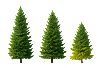 set of green trees isolated - Three coniferous trees with green and yellowish foliage—stylized pine tree comparison on transparent background
