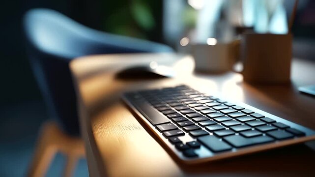 Faceless top down of a keyboard shortcut cheat sheet beside a compact keyboard cable free desk background chair leg defocused cool matte palette space at top faceless