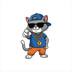 Rapper Cat in Blue T-shirt and Snapback Cap Full Body Vector cartoon pirate with a sword  with vector illustration on white background  