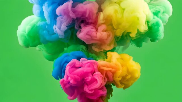 Vibrant color smoke explosion dissolving gracefully on green screen background for video effect or chroma key use