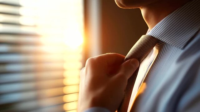 Faceless torso of a professional adjusting tie knot next to a window blinds pattern defocused on wall warm cool mixed light headline room on left faceless tie adjustment prep