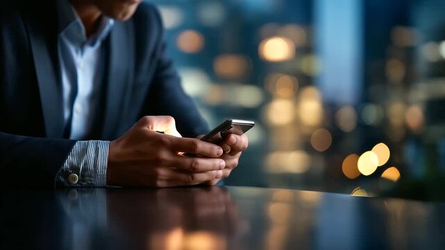 Faceless torso shot of a CEO in a tailored suit holding a smartphone above a glossy table only hands and cufflinks visible subtle reflection of device on surface city skyline
