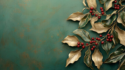 Gold leaves red berries green background festive botanical arrangement