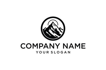 Black and White Mountain Logo Design with Sun or Moon in Circular Frame
