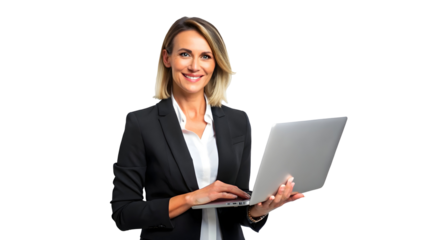 Confident businesswoman smiles while holding and typing on a sleek laptop, ready for professional success and modern communication.
