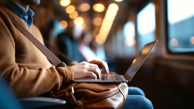 Faceless torso shot of a person fastening a seat belt on a train seat with a laptop bag on lap carriage lights defocused warm cool mix clean upper band faceless business trave