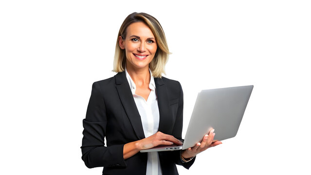 Confident businesswoman smiles while holding and typing on a sleek laptop, ready for professional success and modern communication.