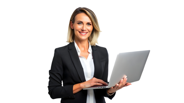 Confident businesswoman smiles while holding and typing on a sleek laptop, ready for professional success and modern communication.