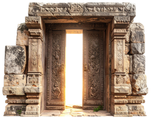 Mystical Temple Entrance with Illuminated Carvings – Angled Perspective PNG