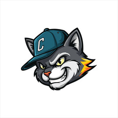 Furious Cat Mascot Head with Lightning Flash and Baseball Cap with vector illustration on white background   