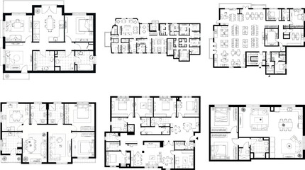 Collection of six different black and white architectural floor plans © SampaRani
