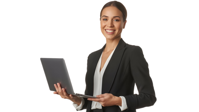 Confident businesswoman smiling and holding a laptop, ready for success in any professional setting, embodying ambition and modern work.
