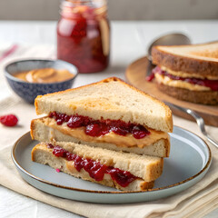 A close up of a peanut butter and jelly sandwich cut in half and stacked on a blue plate indoors