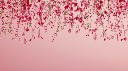 Pink floral border with hanging delicate branches and leaves evoking gentle romance