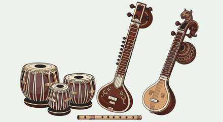 Indian Classical Music Instruments - Tabla, Sitar, Tanpura, and Flute Ensemble.