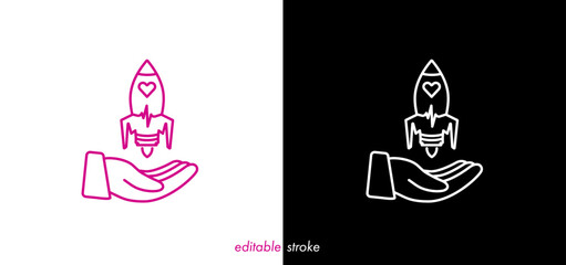 Abstract editable stroke human hand holding rocket, heart cardiogram. Creative line art medical icon to use for health industry, emergency, medical care, hospital, health science projects. 
