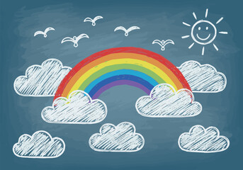 Create Crayon clouds with rainbow, sun and flying birds in blue sky. Kid doodle drawing on school chalkboard. Children color chalk or charcoal scribble. Vector background.