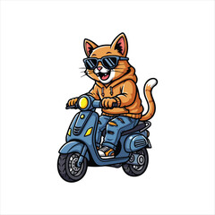 Cool Orange Tabby Cat Riding a Vintage Scooter or Moped vector illustration on white background  