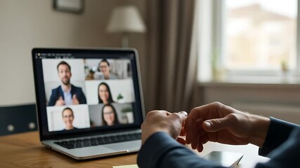 Professional virtual meeting with diverse participants engaged in discussion over a laptop - Powered by Adobe