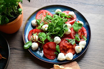 Top view of a fresh Caprese salad with baby mozzarella, ripe tomatoes, and herbs. The colorful and vibrant presentation highlights the freshness of the ingredients and the simplicity 